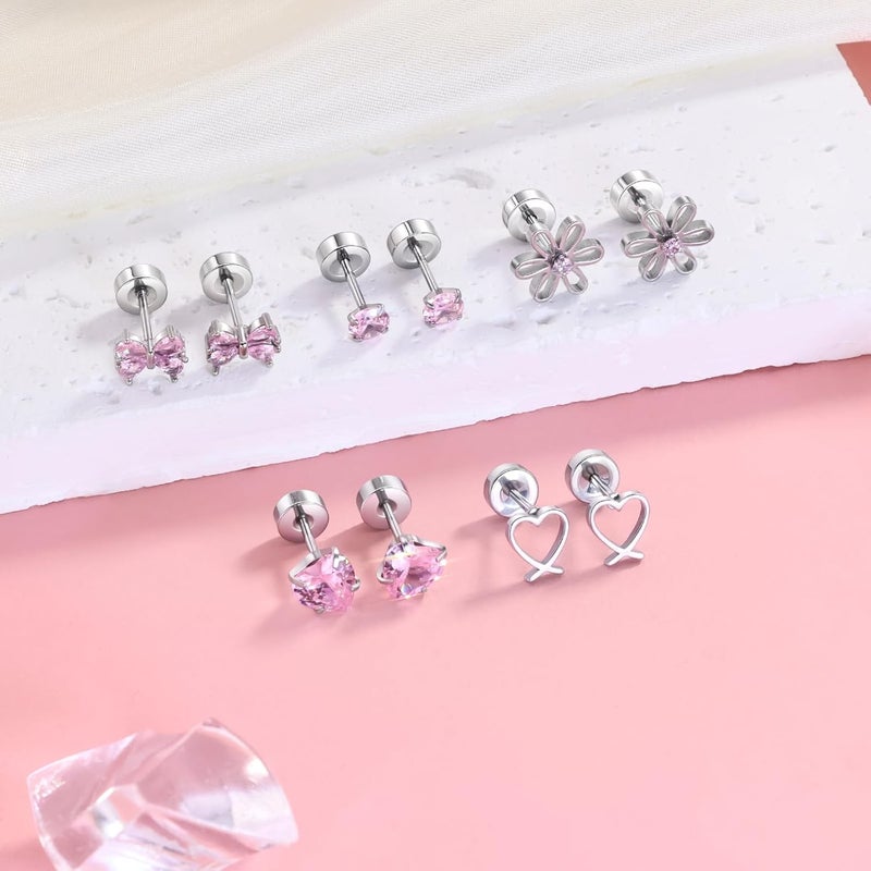 DALI Hypoallergenic Earrings for Girls,Toddler Screw Back Earrings for Kids Baby Women,Lightweight Surgical Steel Cute Pink Bow Butterfly Heart Flower CZ Flat Back Stud Earring for Sensitive Ears - Image 4